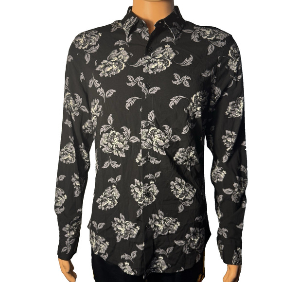 GUESS Men’s Size Medium Black/White Floral Slim Fit Shirt Stretch Long Sleeve - Picture 1 of 10